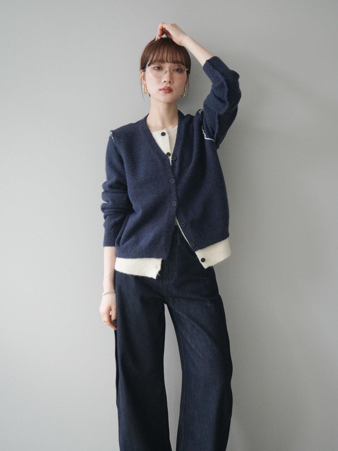 [SET]配色レイヤードニットカーディガン+選べるアクセセット(2set)