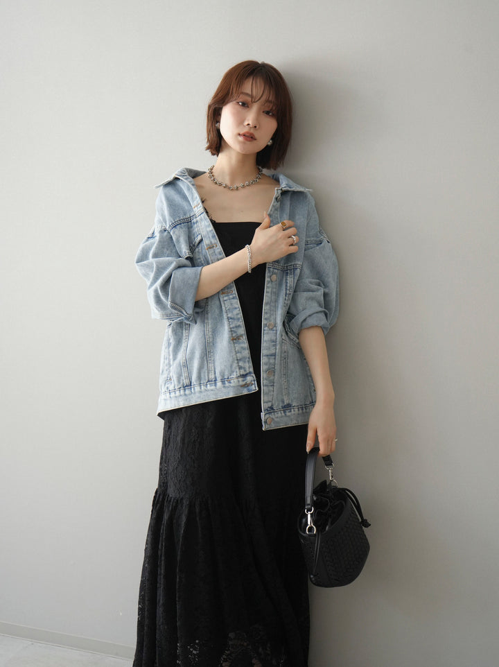 [予約]ギャザー切替レースキャミワンピース/black