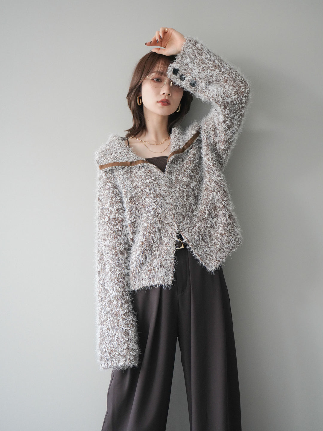 [予約]ミックスシャギージップニットカーディガン/brown