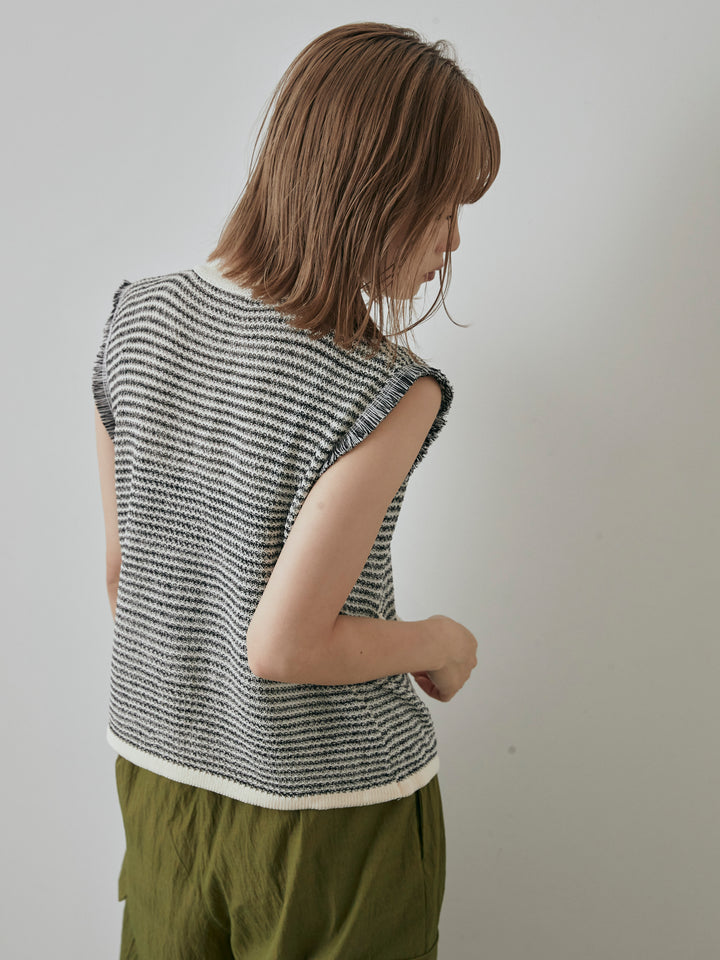 [予約]ボーダー袖フリンジニットベスト/オフ