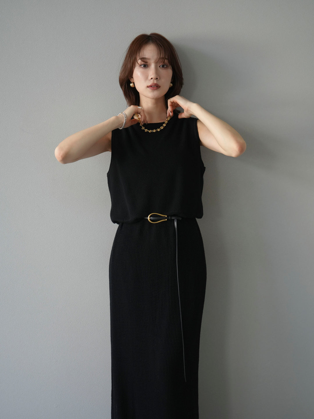 [予約]メッシュ切替ノースリーニットワンピース/black