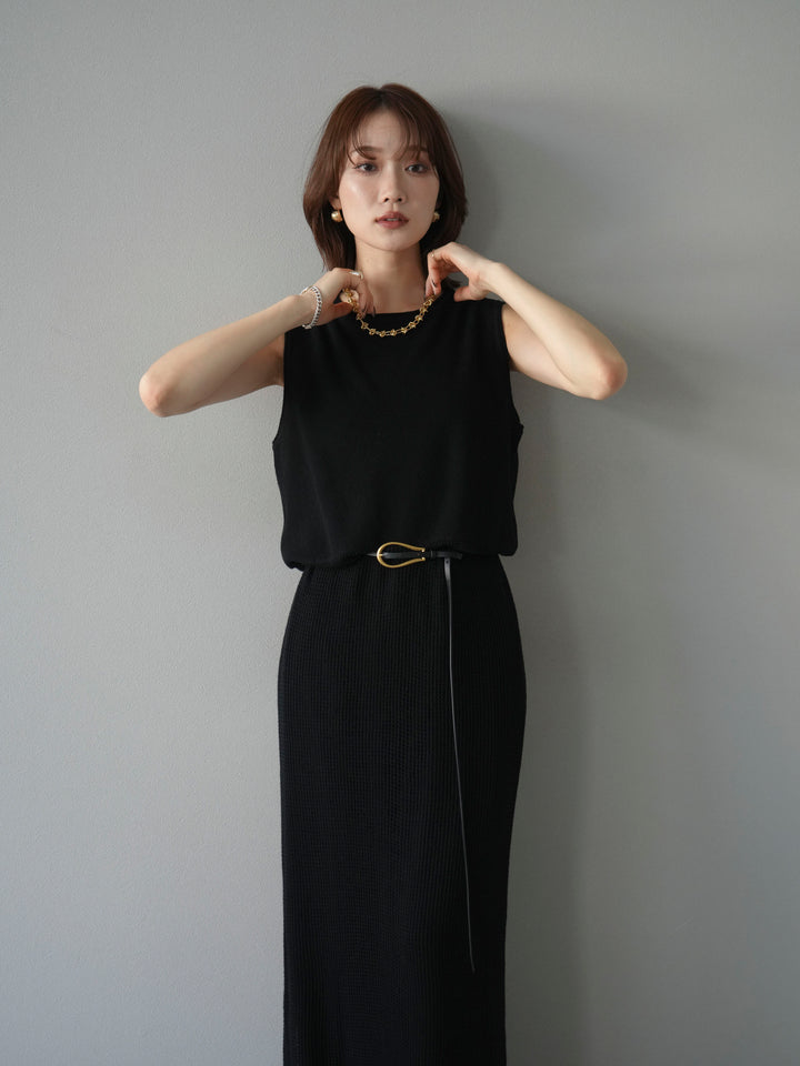 [予約]メッシュ切替ノースリーニットワンピース/black