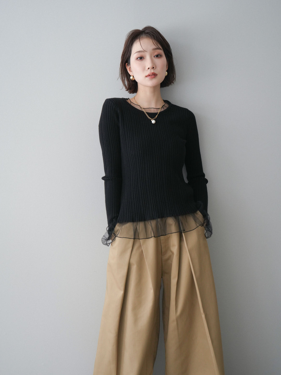 [予約]チュールレイヤードリブニットトップス/black