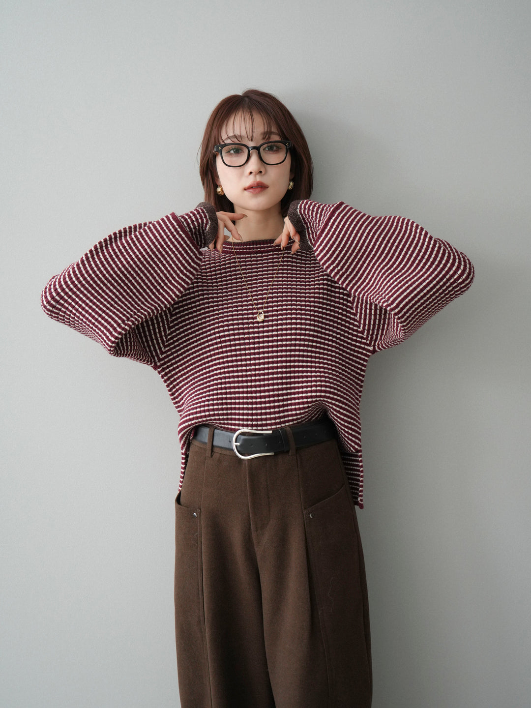[予約]ラメ異素材ボーダーリブニットプルオーバー/bordeaux×brown