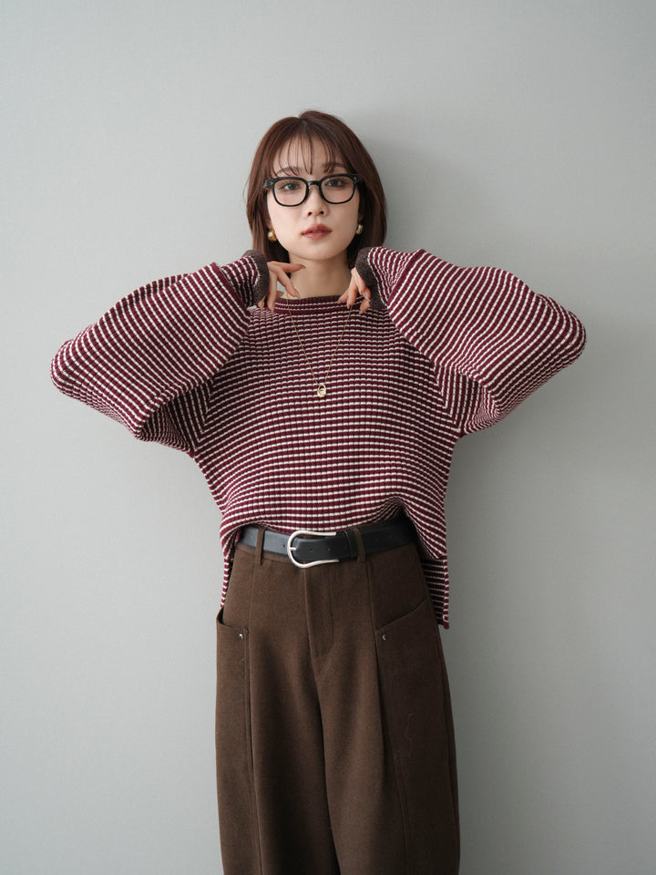 [予約]ラメ異素材ボーダーリブニットプルオーバー/bordeaux×brown