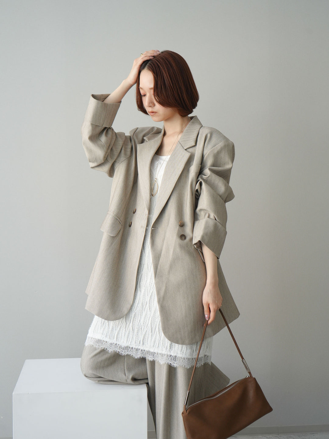 [予約]ダブルボタンヘリンボーンジャケット/beige