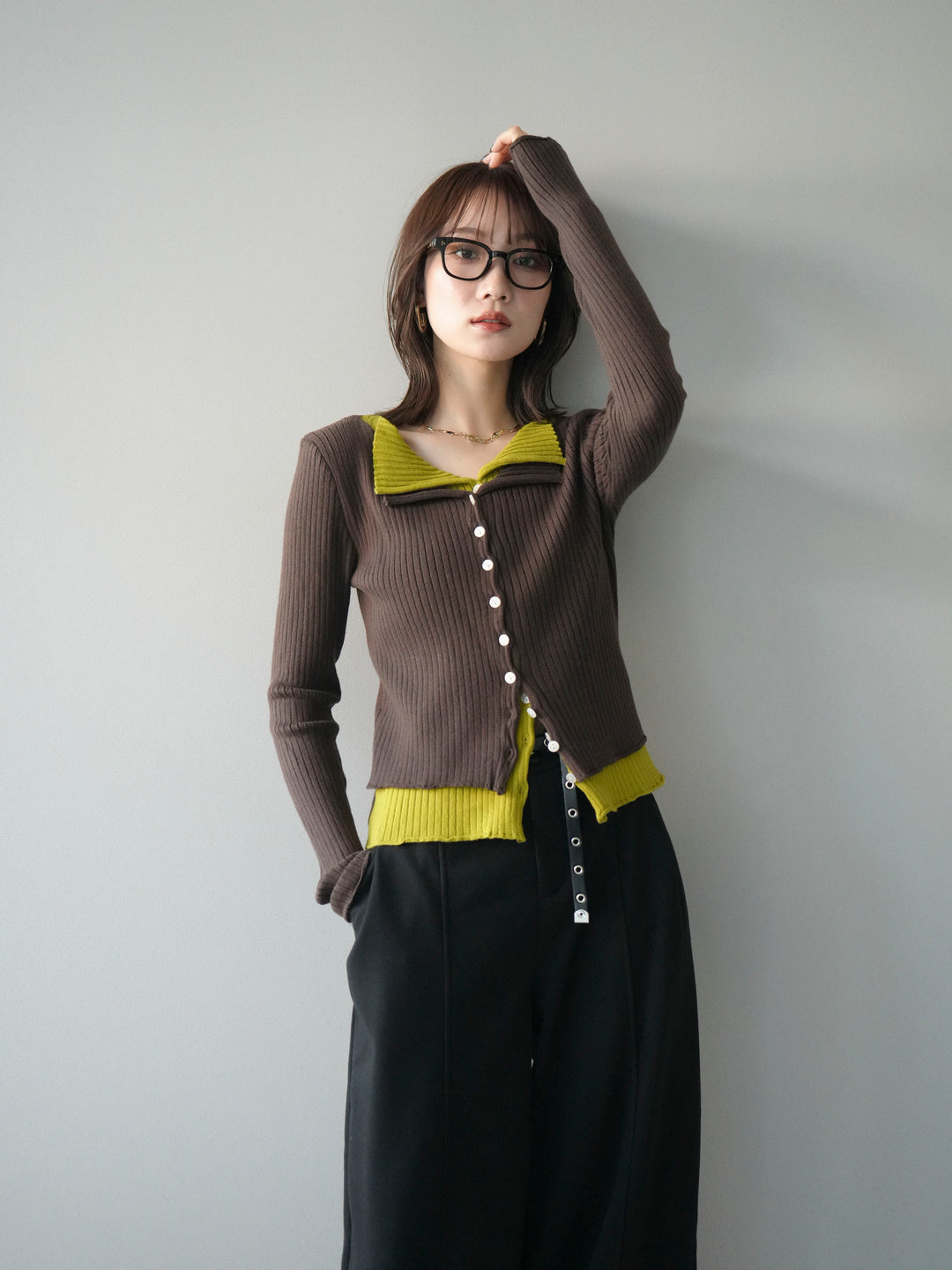 [予約]配色レイヤードリブニットカーディガン/brown