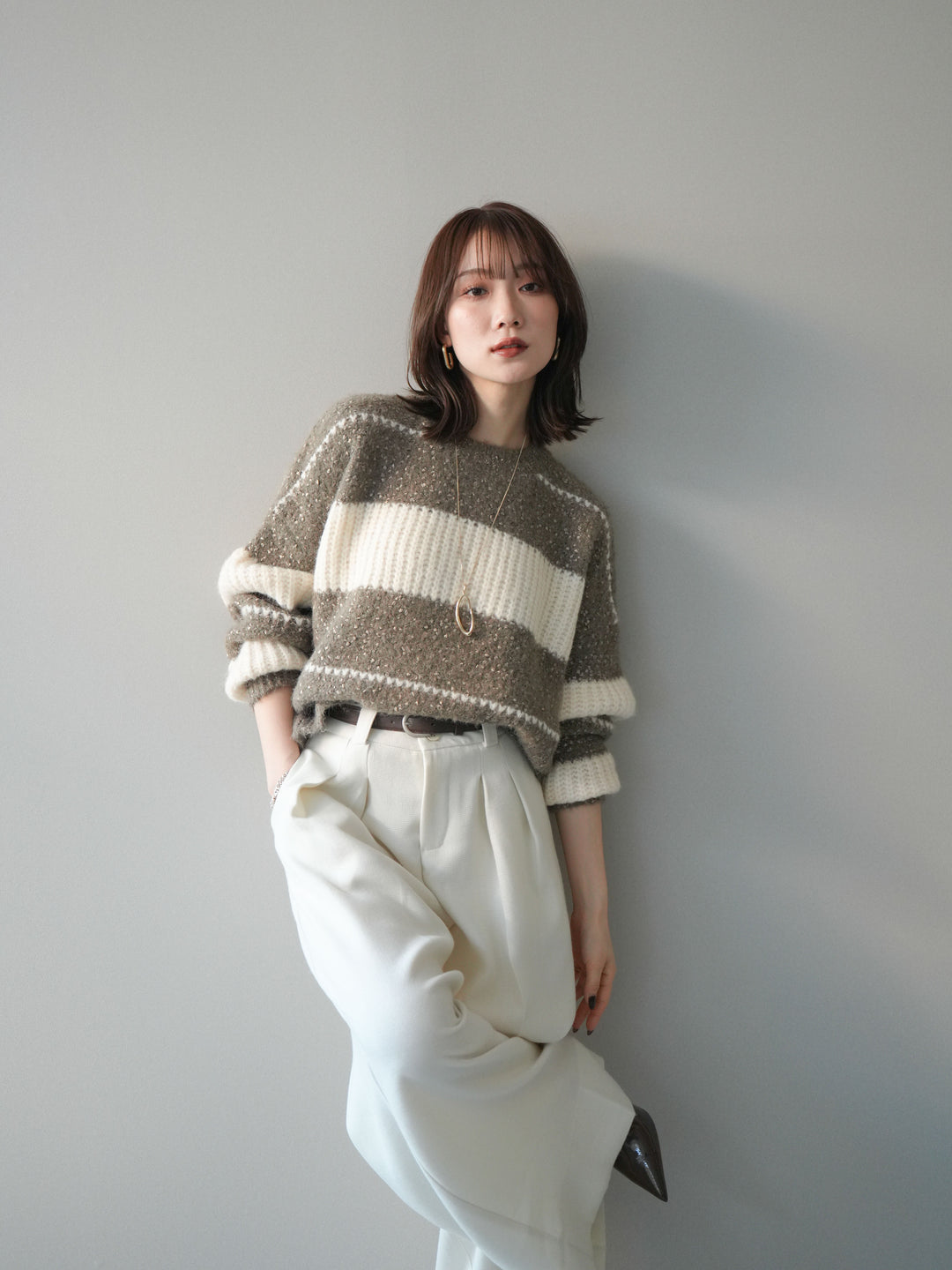 [予約]ネップヤーンボーダーニットプルオーバー/mocha