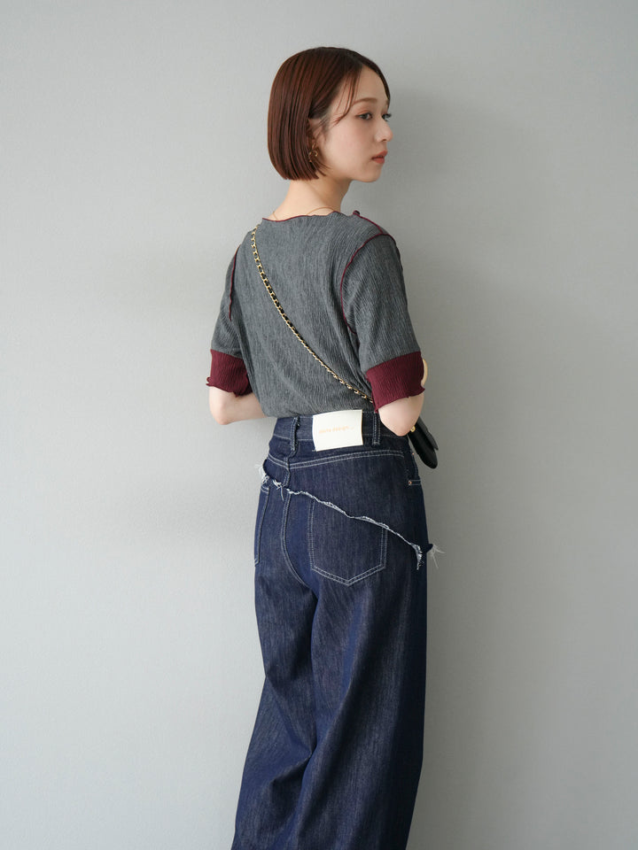 [SET] 百褶同色船領套頭衫 + 臀部設計牛仔褲（2 件組）