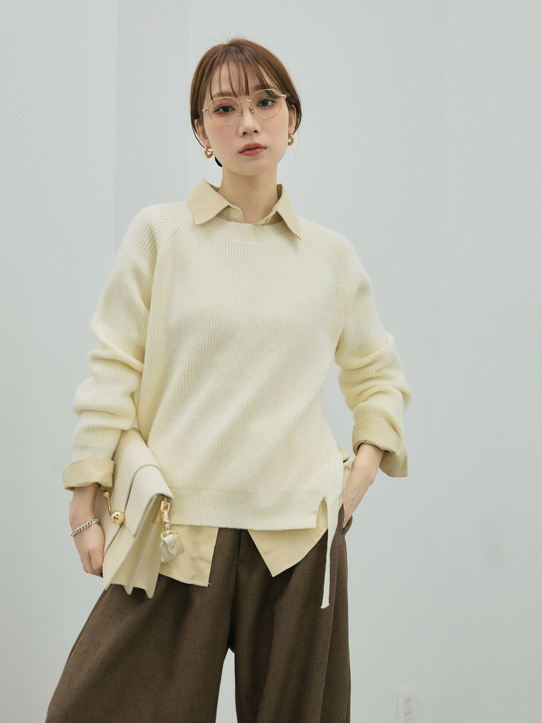 【Allure】[SET]サイドスリット畦編みニットプルオーバーシャツアンサンブル+ループデザインツイルワイドパンツ(2set)