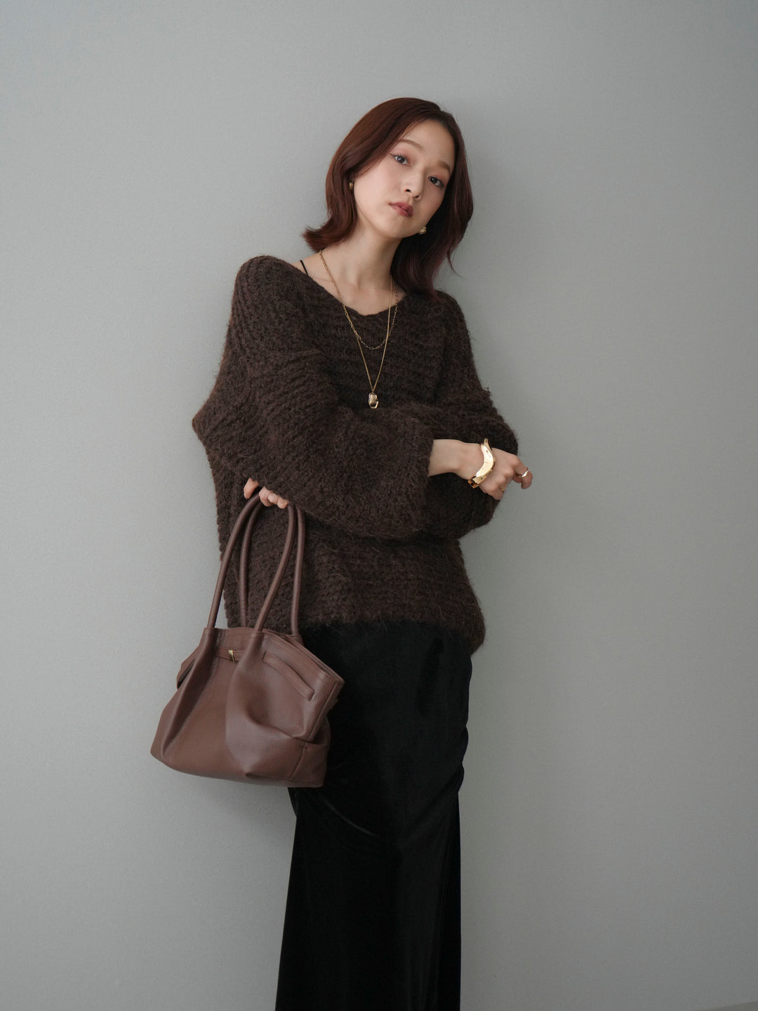 [SET]ワッフル編みシャギーニットプルオーバー+ギャザーベロアスカート(2set)