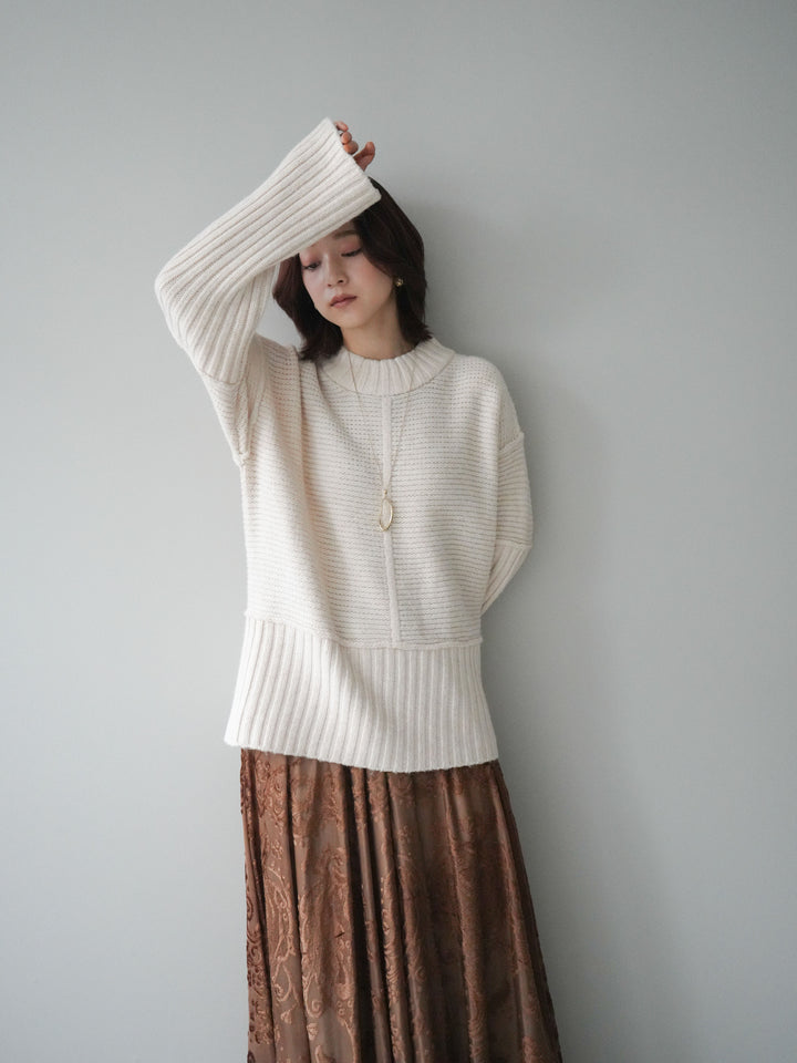 [SET]編み地切替ボトルネックニットプルオーバー+アンティーク柄フロッキーマキシスカート(2set)