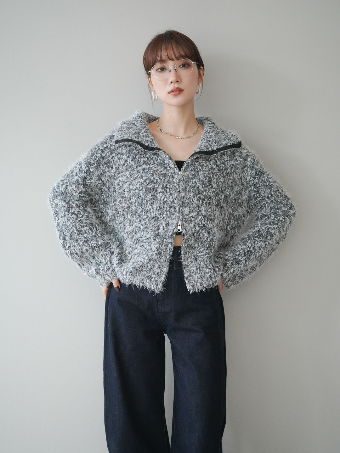 [予約]ミックスシャギージップニットカーディガン/black