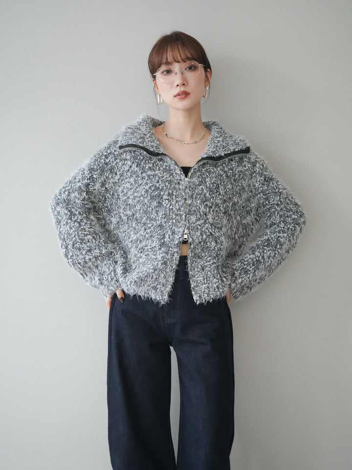 [予約]ミックスシャギージップニットカーディガン/black