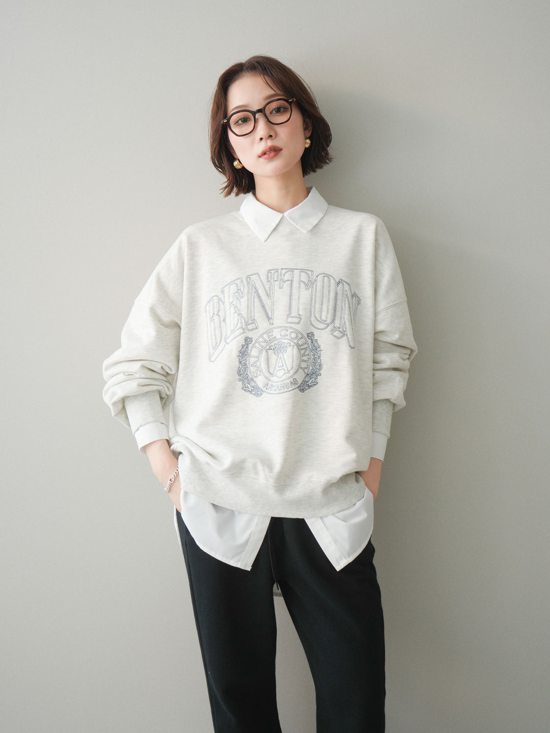 [SET]カレッジロゴ刺繍BIGスウェットプルオーバー+スウェットフレアパンツ(2set)