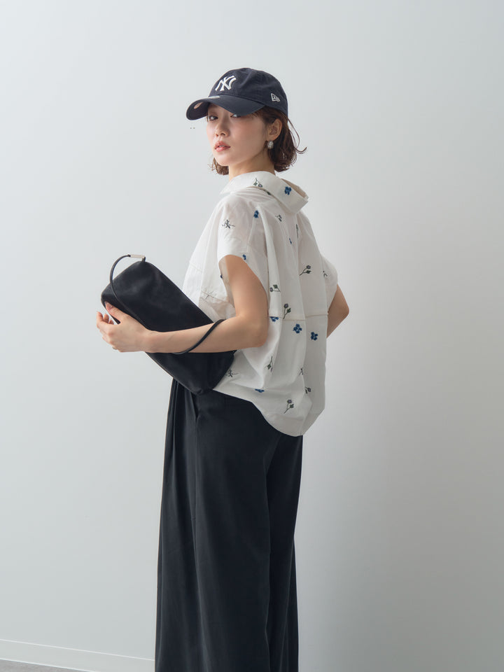 【套裝】花卉刺繡燈籠無袖襯衫+腰帶設計環扣闊腿褲（兩件套）