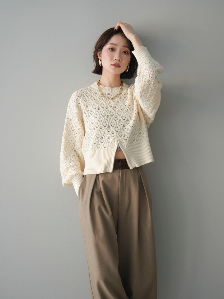 [予約]透かし編みフロントジップスリットニットプルオーバー/ivory