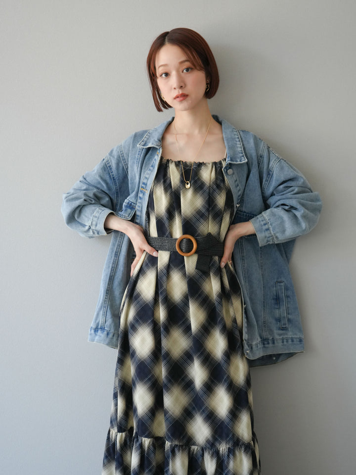 [SET]ベルト付チェックノースリーブワンピース+ビンテージデザインBIGデニムジャケット(2set)