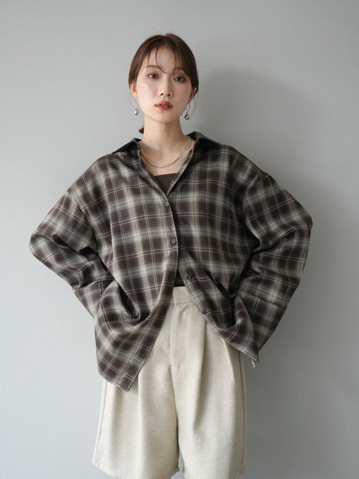 [予約]レザー襟オンブレチェックオーバーシャツ /ブラウン