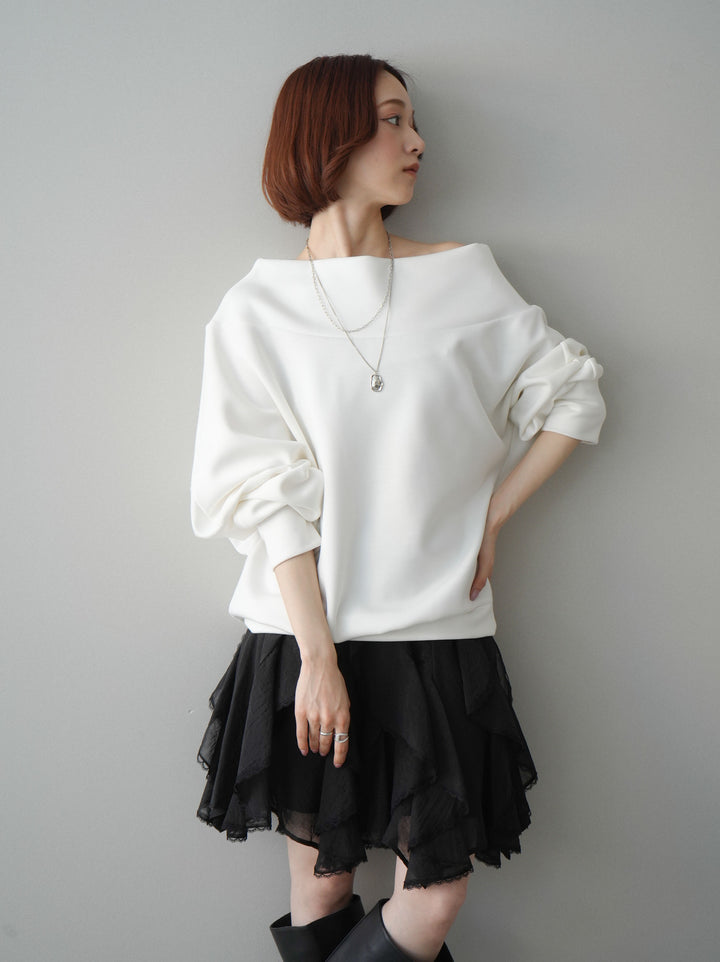 [SET]アシンメトリーオフショルポンチプルオーバー+ラッフルレースミニスカート(2set)