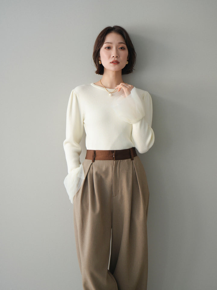 [SET]袖チュールパワショルリブニットトップス+選べるアクセセット(2set)