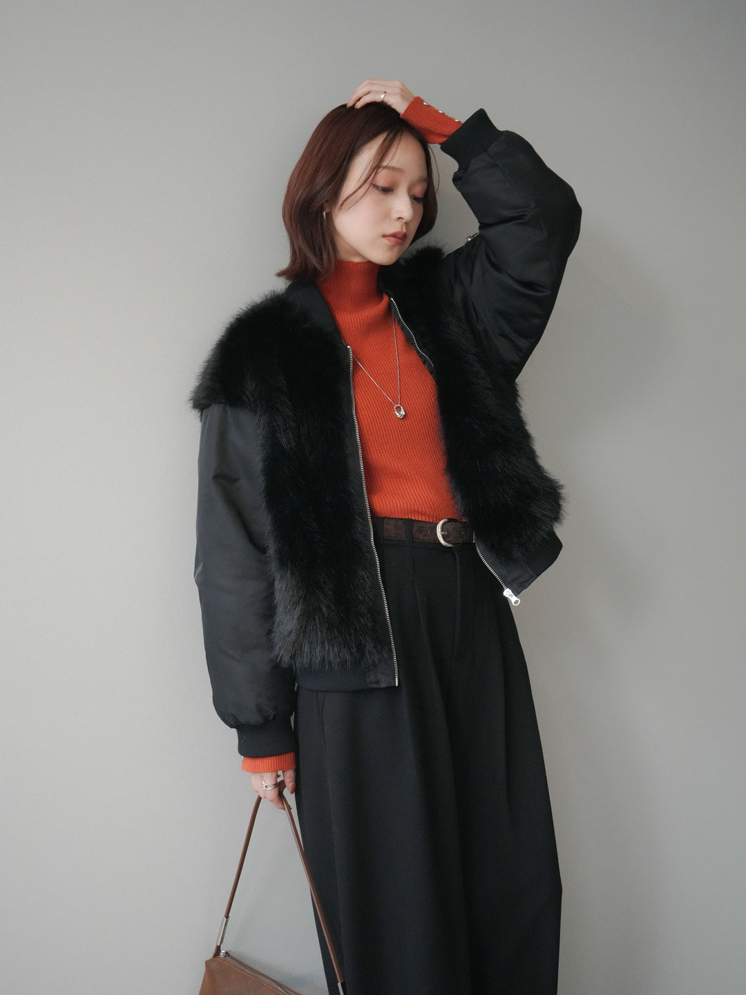 [SET]ファードッキングMA-1+袖ボタンボトルネックリブニットトップス+アニマル柄ベルト付きウールタッチワイドパンツ(3set)