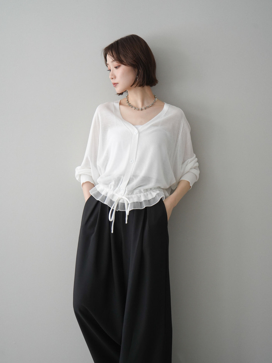 [SET]裾フリルラメシアーニットカーディガン+ダブルバックルベルト付ワイドパンツ(2set)