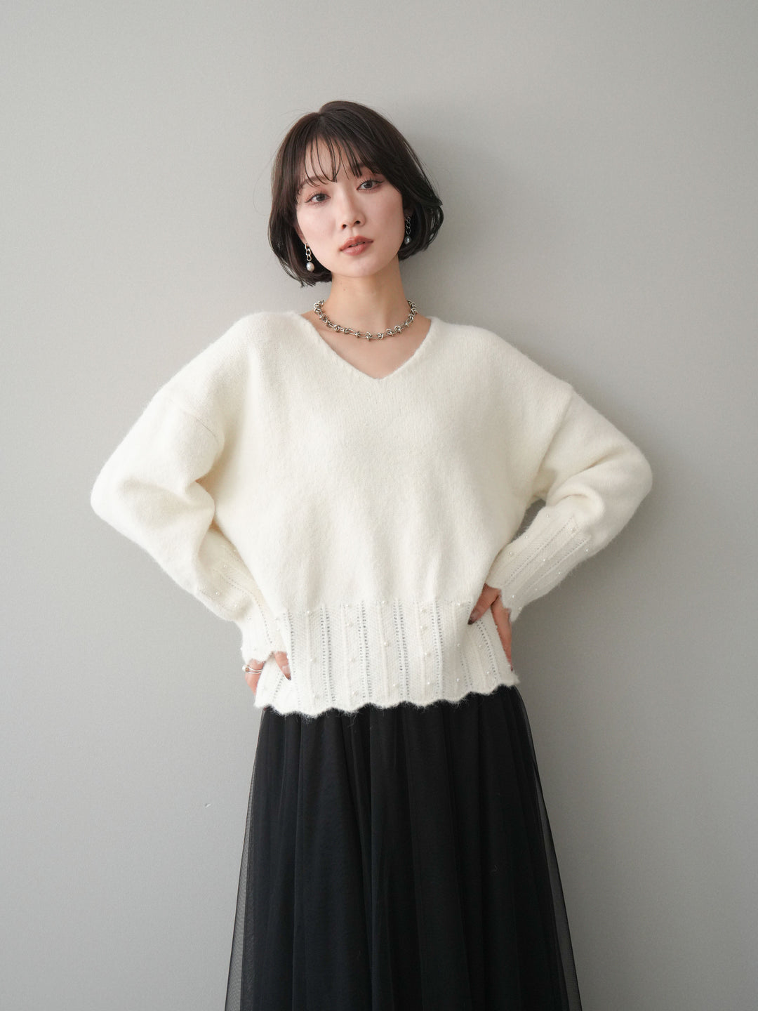 [SET]パールフリルリブヘムニットプルオーバー+チュールボリュームスカート(2set)