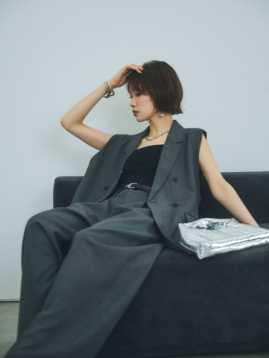 【Allure】[SET]杢調ミディ丈テーラードジレ+杢調ライトストレートパンツ(2set)