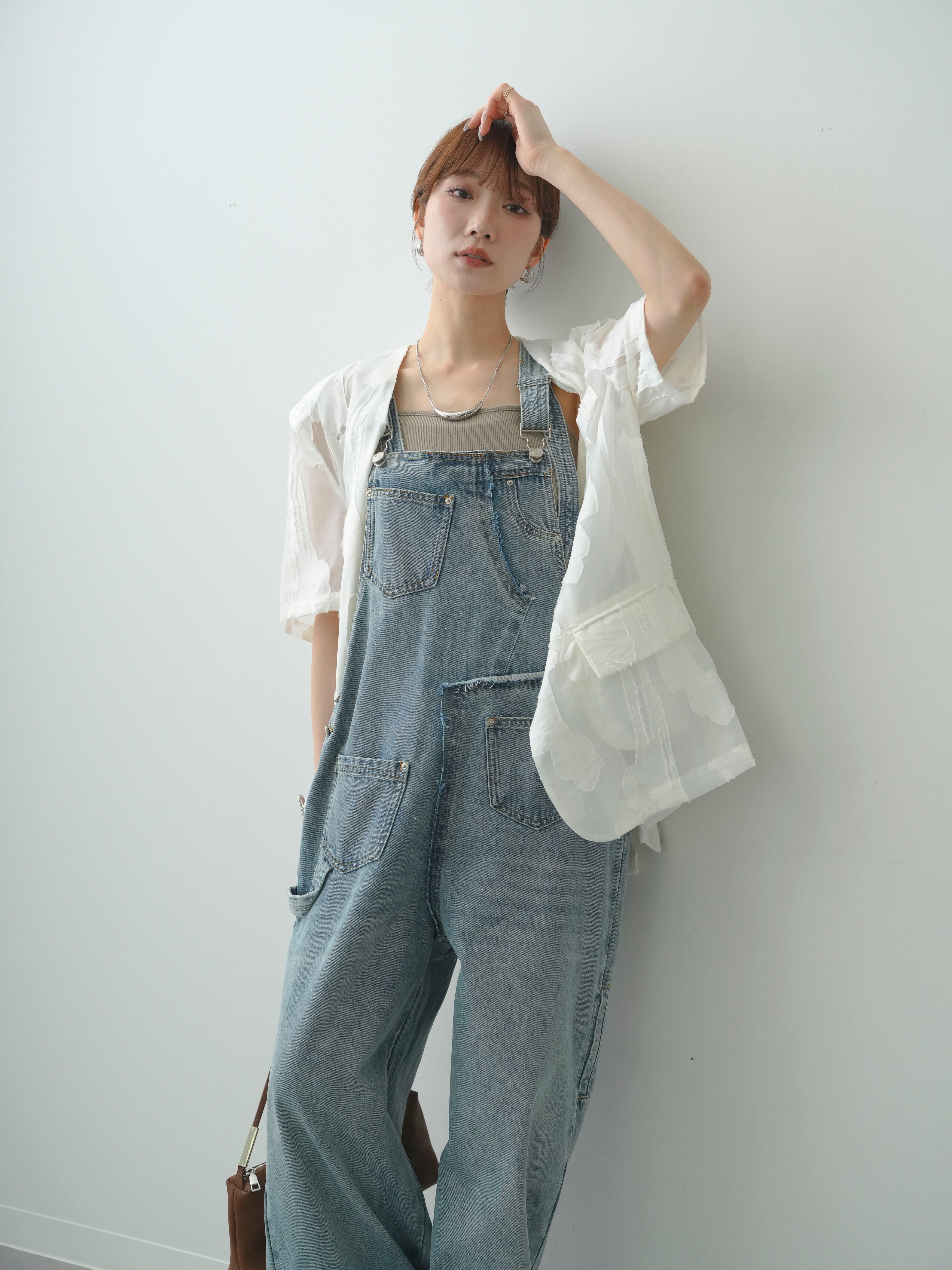 SET]デザインポケットデニムオーバーオール+カップ付きバッククロス