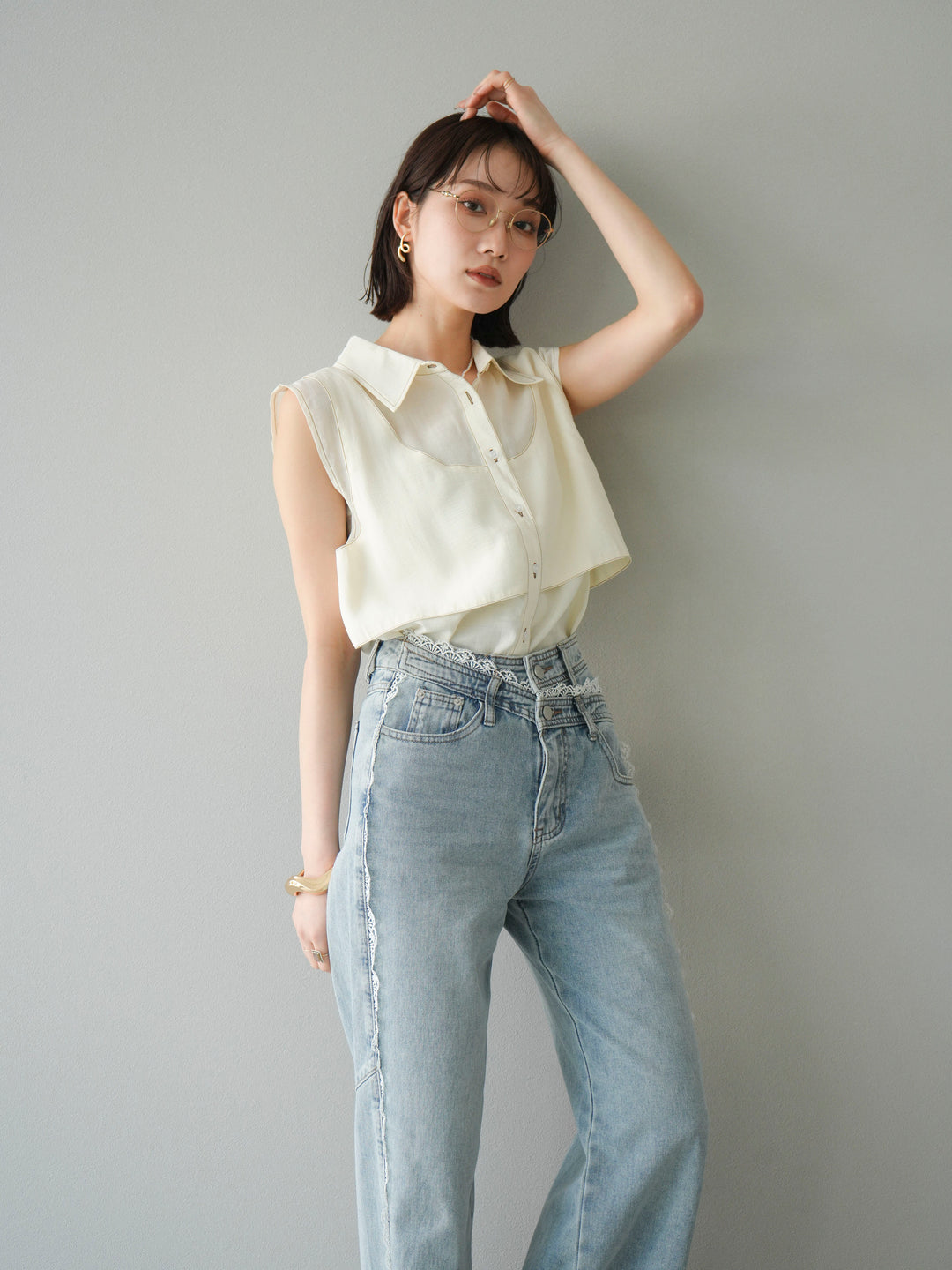 [SET]ステッチシアーレイヤードデザインブラウス+ラインレースデニムパンツ(2set)