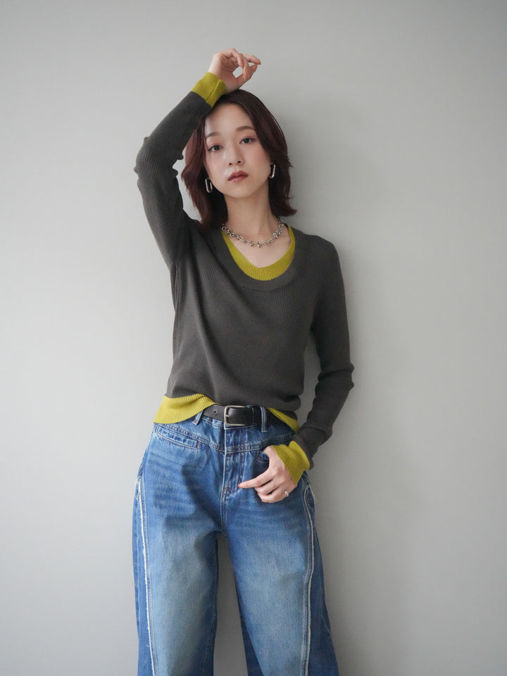 [SET]Uネック配色レイヤードリブニットトップス+サイドフリンジワイドデニムパンツ(2set)