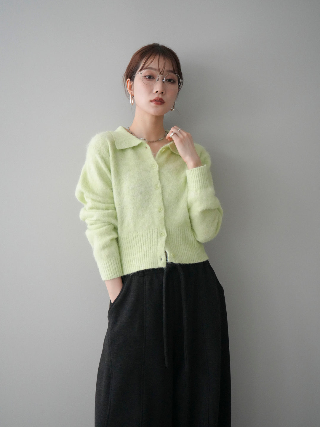 [予約]モヘア衿付きボタンプルオーバー/lime