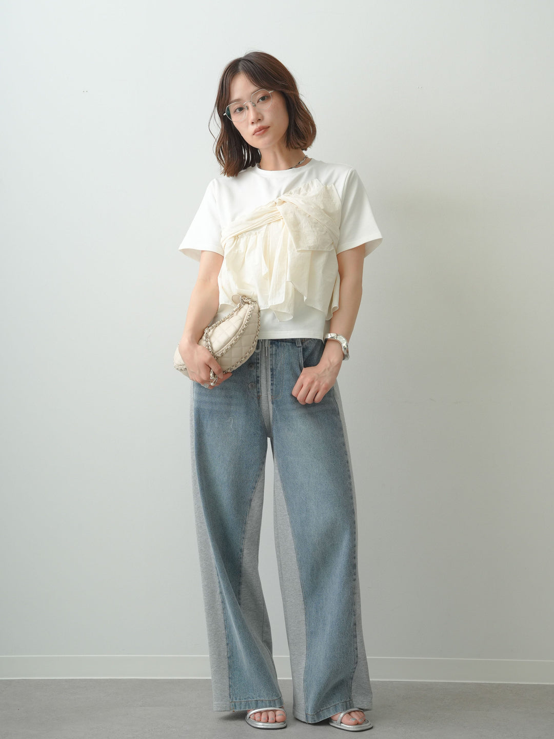 [SET]ナイロンドッキングツイストTEE +デニム切替スウェットパンツ(2set)