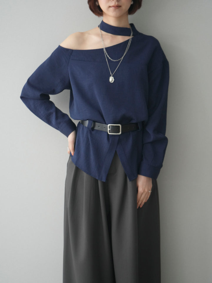 [SET]ベルト付ワンショルダースリットブラウス+編み込みベルト付タックワイドパンツ(2set)