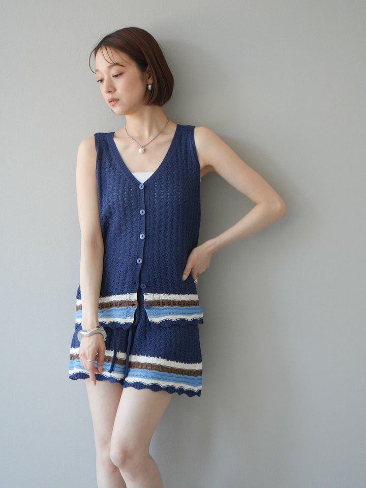 [SET]裾マルチボーダーニットベスト＆ショートパンツ SET UP(2set)