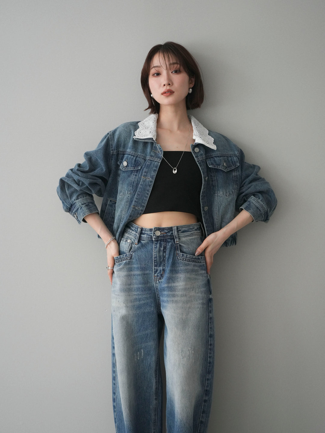 [SET]襟レースデニムショートジャケット+選べるアクセセット(2set)
