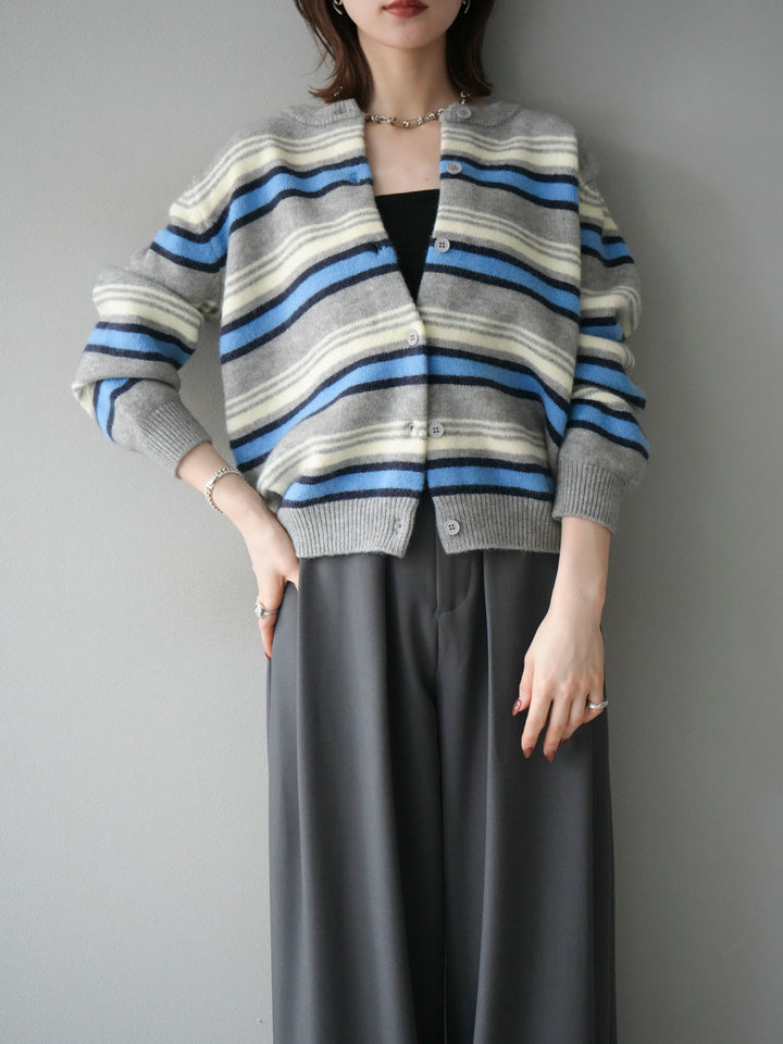 [SET]マルチボーダーニットカーディガン+ベルトループデザインワイドパンツ(2set)