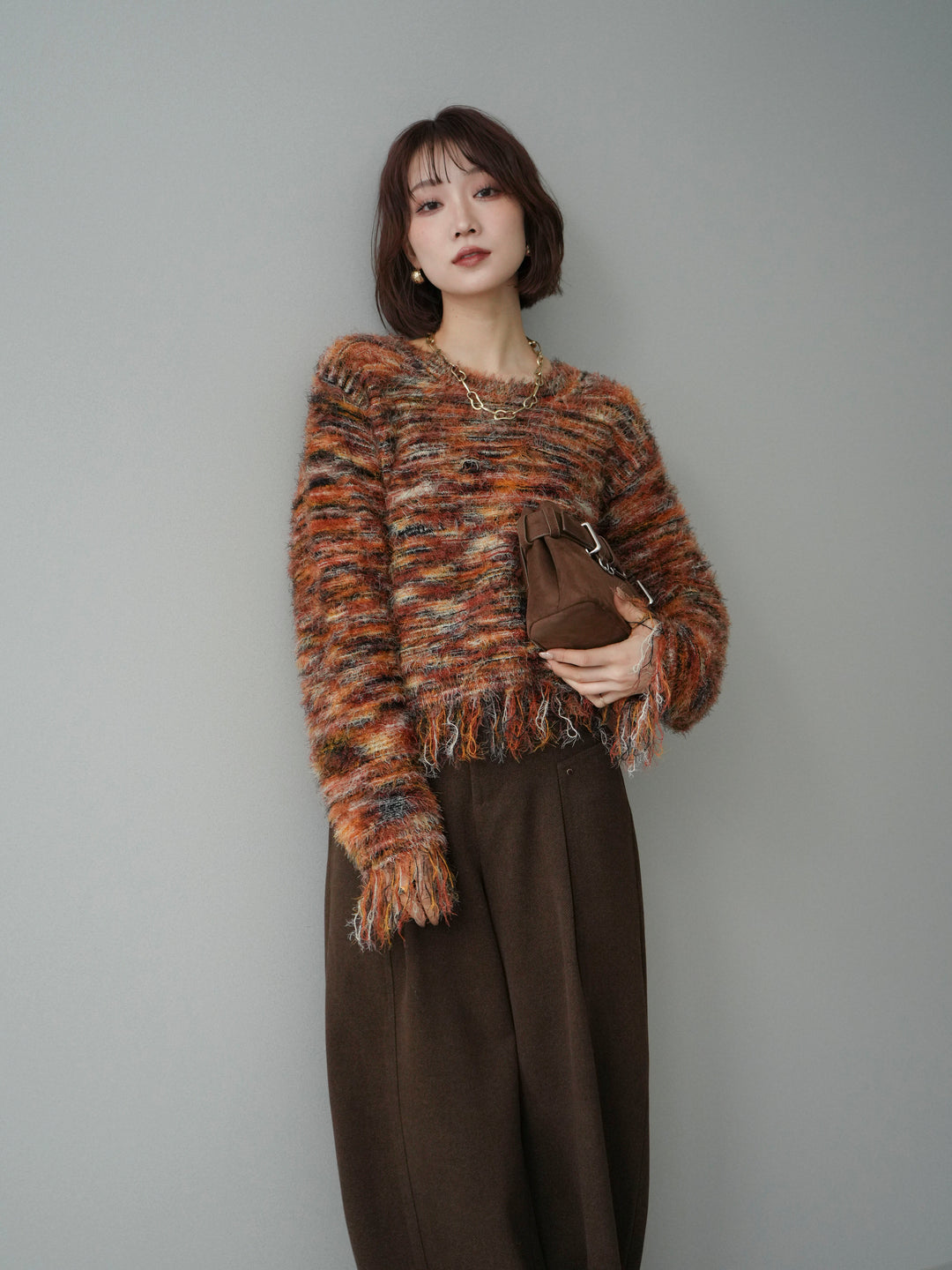 [予約]裾フリンジミックスヤーンシャギープルオーバー/orange