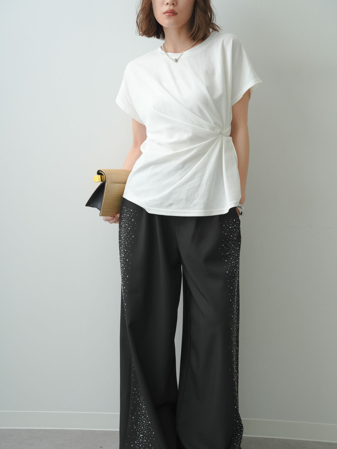 [SET]サイドノットTEE+ポーチベルト付サイドビジュータックワイドパンツ(2set)