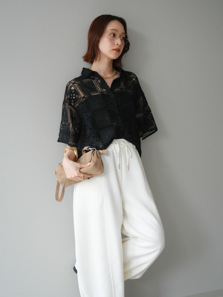 【套裝】方領蕾絲半袖襯衫+內置胸罩羅紋抹胸吊帶背心（兩件套）