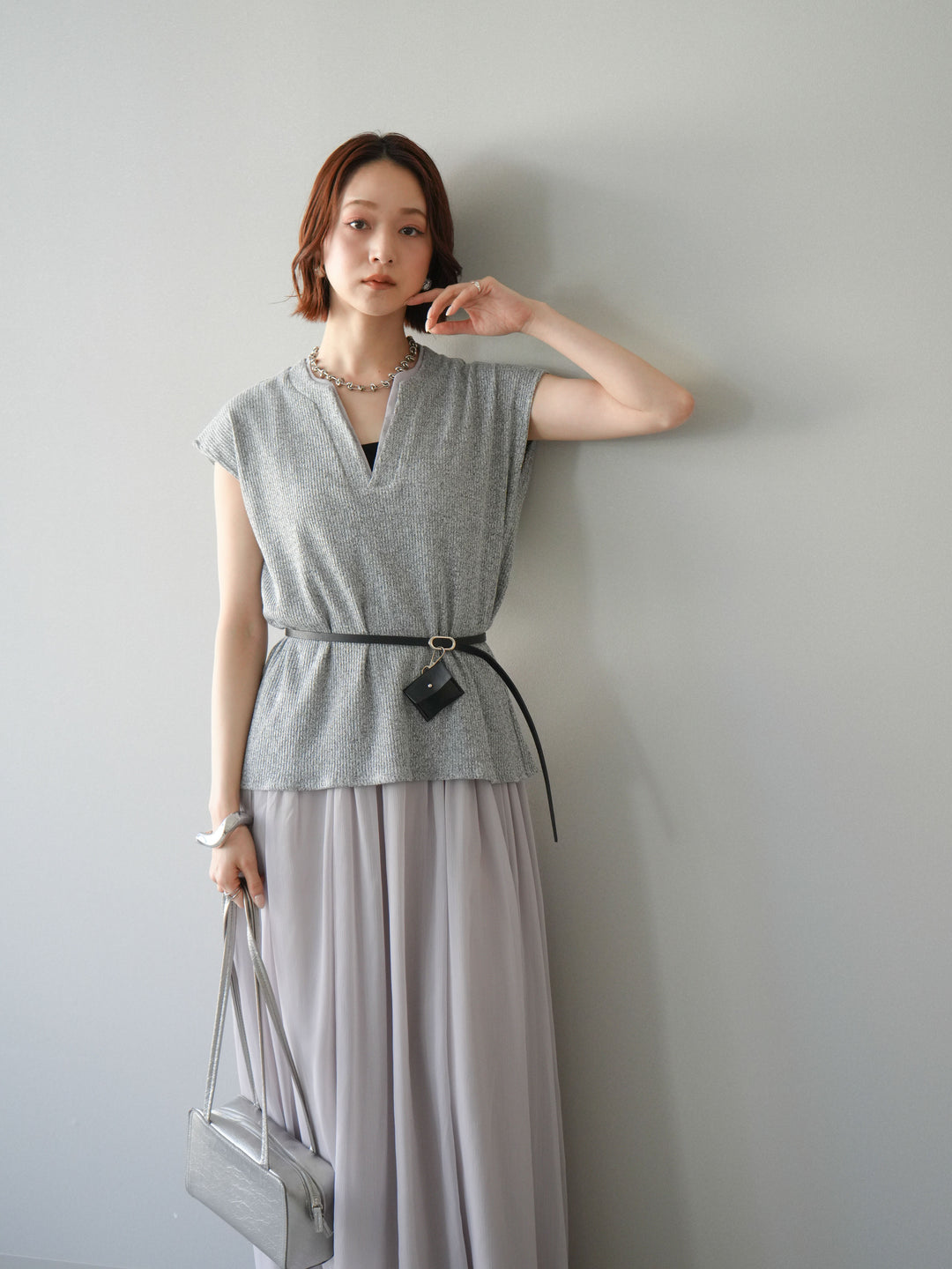 [予約]ベルト付シフォンコンビジャージワンピース/gray