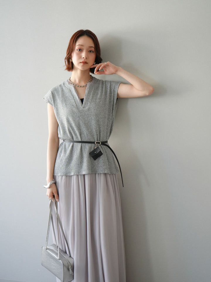 [予約]ベルト付シフォンコンビジャージワンピース/gray
