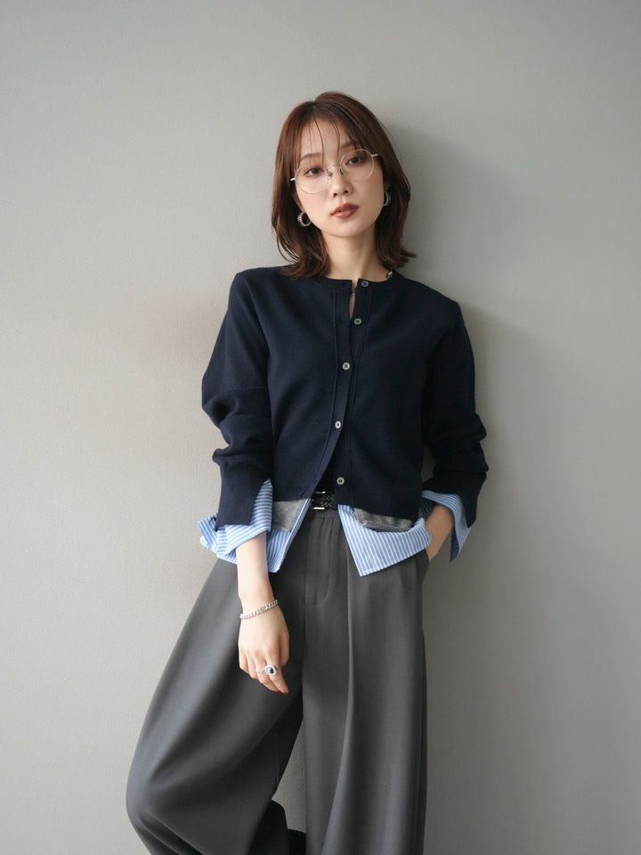 [予約]シャツ襟レイヤードニットカーディガン/navy