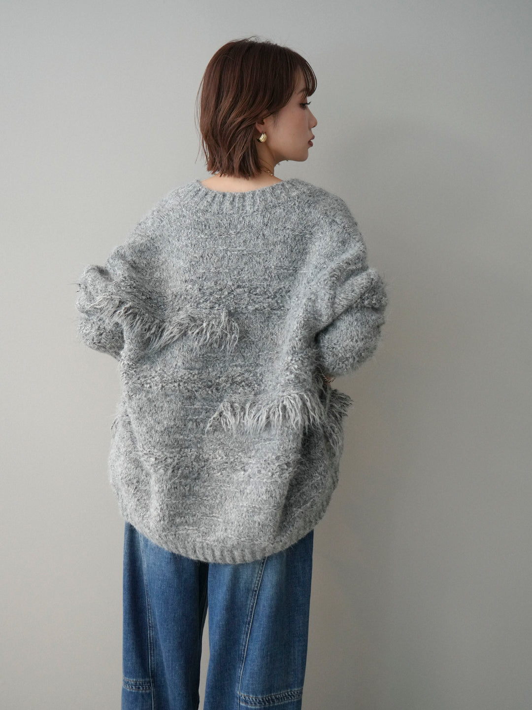 [予約]ミックスヤーンフリンジデザインニットジャケット/gray