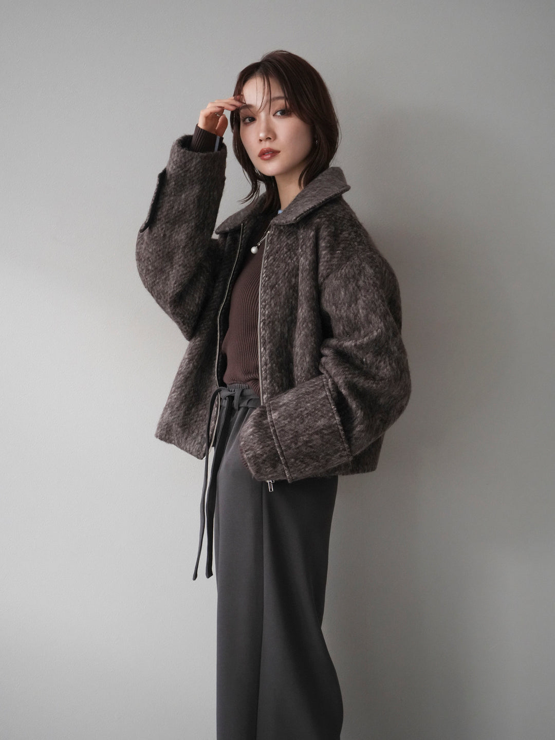 [予約]袖ビックループシャギージップブルゾン/brown