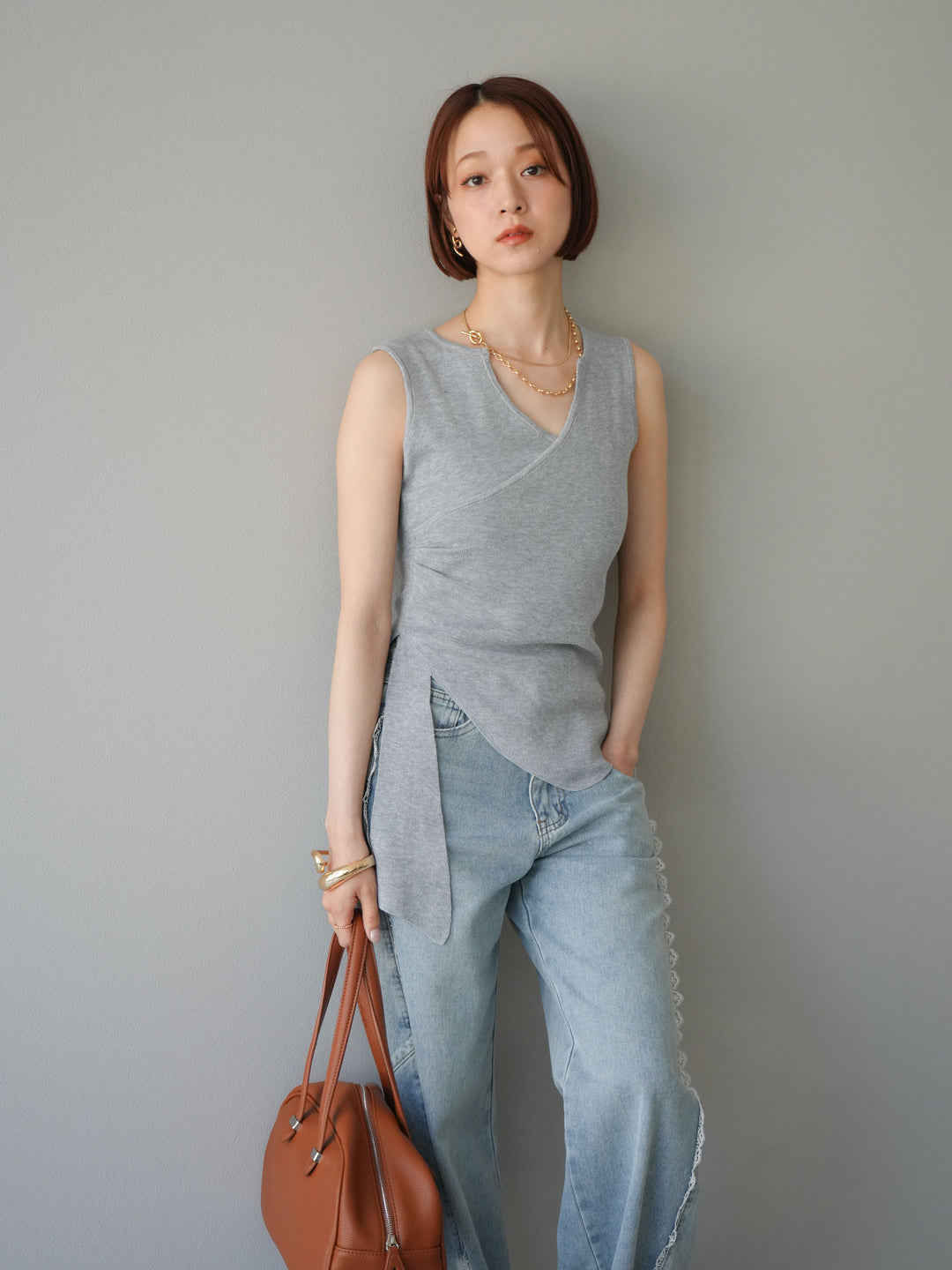 [SET]カシュクールノースリーブニットトップス+ラインレースデニムパンツ(2set)