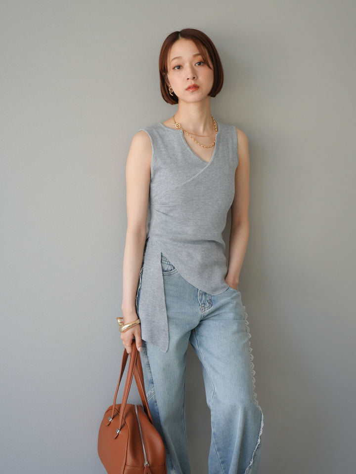 [SET]カシュクールノースリーブニットトップス+ラインレースデニムパンツ(2set)
