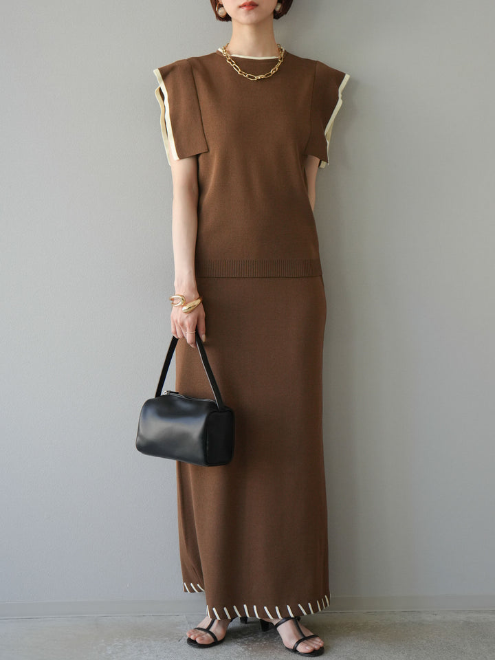 [予約]リネンタッチスクエアスリーブ配色ニットプルオーバー/モカ