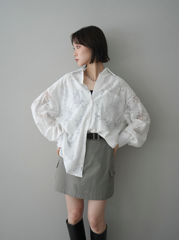 【套裝】提花蕾絲罩衫+繫帶工裝迷你裙（兩件套）